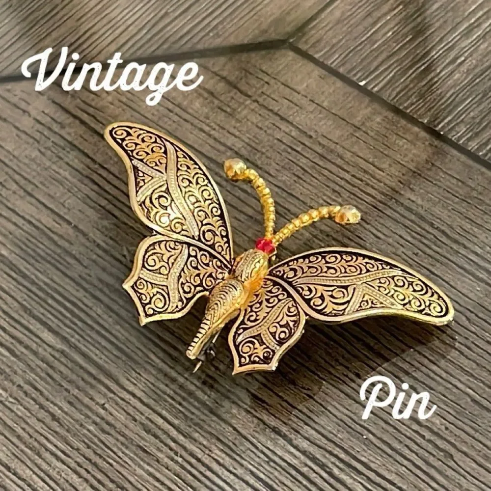 Vintage Damascene Butterfly Pin - Brooch Filigree Design Marked Spain